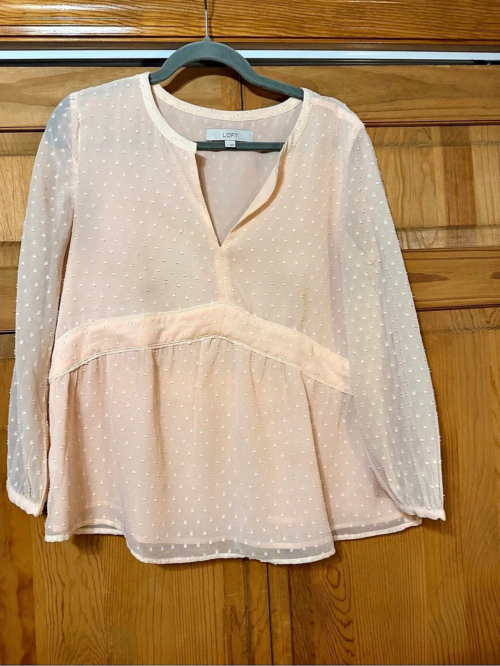 LOFT Dotted Ruched Peplum Blouse Women'Small Polka Dot Pink & White Small